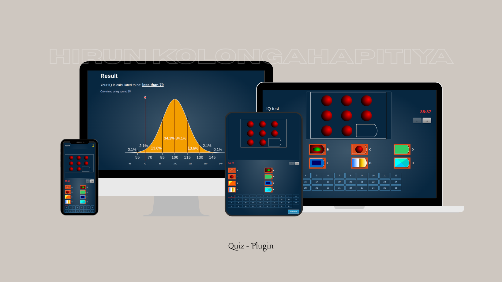 Hirun-Dev IQ Test - Plugin Interface showcasing the quiz embedded on a WordPress page with the question, options, timer, and navigator UI